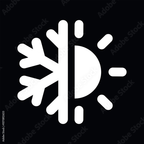 Air condition vector flat white simple icon on black background. Heat and frost symbol, hot sun and frozen cold snowflake illustration.
