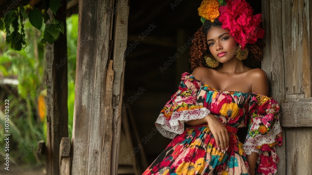Puerto Rican cultural attire, Afro-Latina model in baro dress, rustic countryside celebrating Hispanic heritage. Puerto Rican cultural attire, Afro-Latina model in baro dress, rustic countryside celebrating Hispanic heritage.