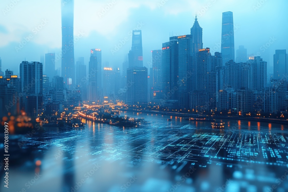 Fototapeta premium City skyline illuminated by lights at dusk near a calm river with reflections in the water