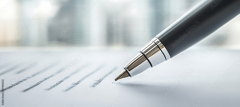 A close-up of a pen signing a business contract, with a blurred office background A close-up of a pen signing a business contract, with a blurred office background