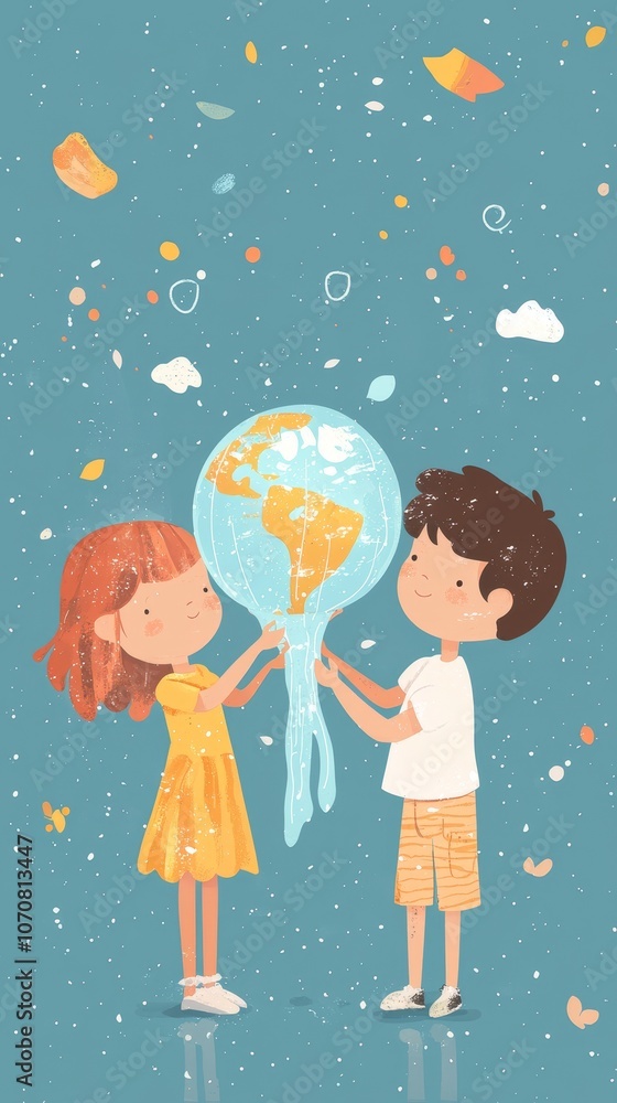 Children collaborate to protect our planet by holding a colorful globe together Children collaborate to protect our planet by holding a colorful globe together