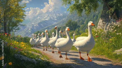A flock of white geese walking along a rural path under bright sunshine, with green trees and wildflowers in the background.