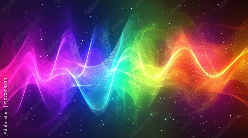 Rainbow spectrum with neon energy waves, colorful swirls isolated on a white background, futuristic style.