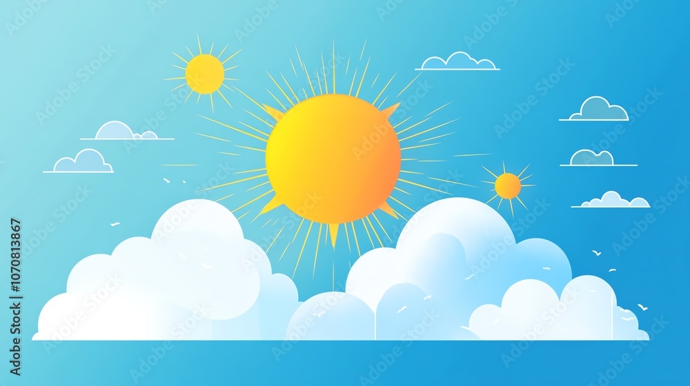 Bright sun shining over fluffy clouds in a clear blue sky, symbolizing warmth and joy. Bright sun shining over fluffy clouds in a clear blue sky, symbolizing warmth and joy.
