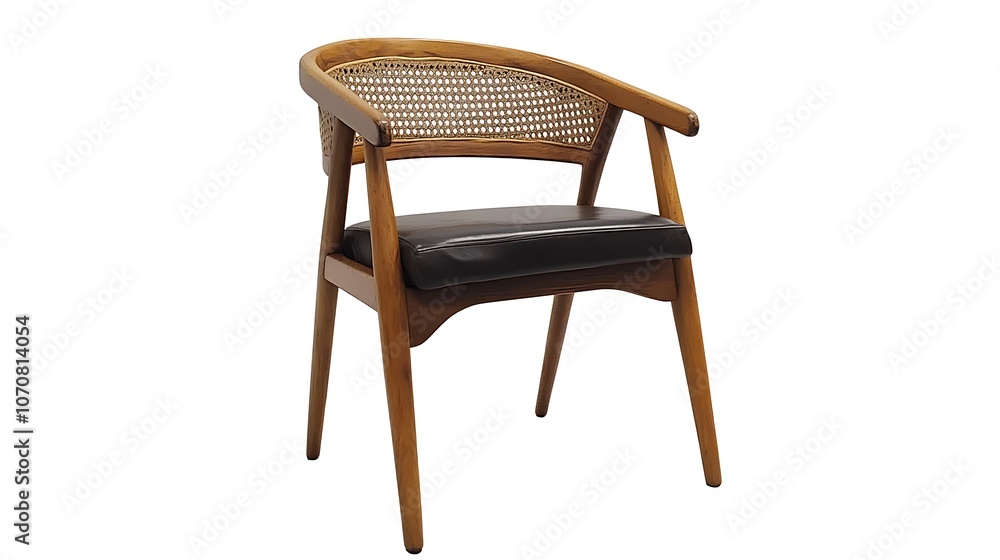 A wooden chair with a woven back and a black leather seat. The chair has four legs and is isolated against a white background. A wooden chair with a woven back and a black leather seat. The chair has four legs and is isolated against a white background.
