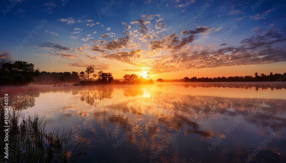 Fototapeta premium Sunrise waterscape with clouds and reflections
