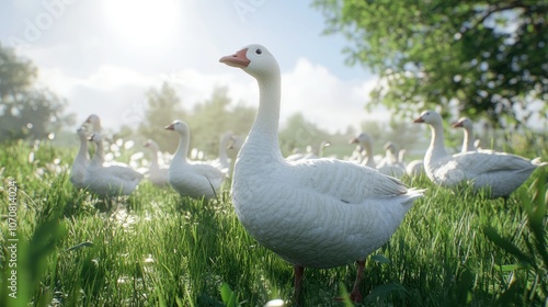 A group of white geese gathered on a grassy field under bright sunlight, with a soft blue sky in the background, creating a cheerful outdoor scene.