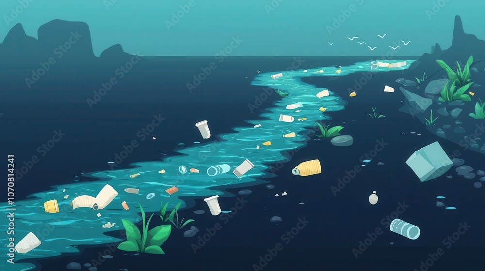 Naklejka premium Plastic waste carried by river to ocean, pollution flow, flat design icon