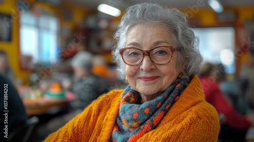 An elderly woman with glasses wears an orange sweater and a colorful scarf while smiling. Around her, others engage in lively activities, bringing joy to the setting.