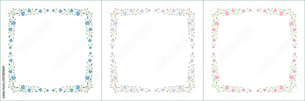 Set of three elegant green vegetal ornamental frame with daisy flowers, decorative border, corners for greeting cards, banners, business cards, invitations, menus. Isolated vector illustration Set of three elegant green vegetal ornamental frame with daisy flowers, decorative border, corners for greeting cards, banners, business cards, invitations, menus. Isolated vector illustration