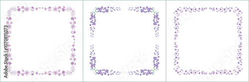 Set of three elegant purple vegetal ornamental frame with flowers, decorative border, corners for greeting cards, banners, business cards, invitations, menus. Isolated vector illustration