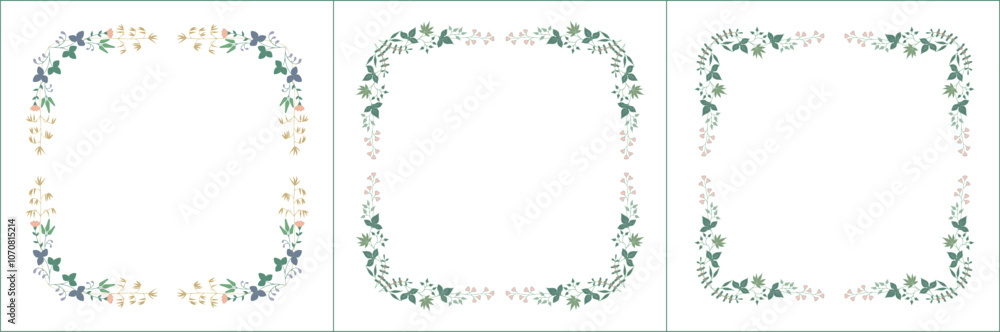 Set of three elegant green vegetal ornamental frame with flowers, decorative border, corners for greeting cards, banners, business cards, invitations, menus. Isolated vector illustration Set of three elegant green vegetal ornamental frame with flowers, decorative border, corners for greeting cards, banners, business cards, invitations, menus. Isolated vector illustration