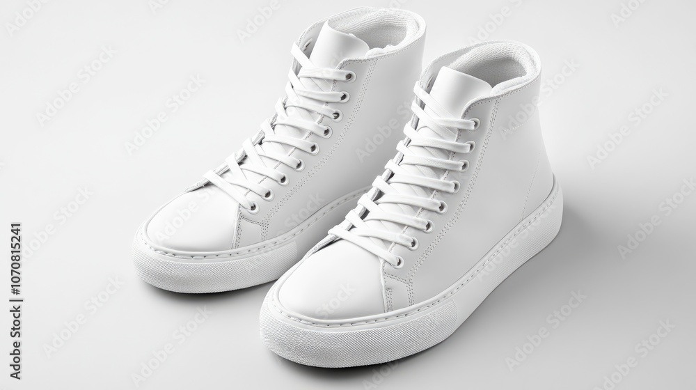 White Leather High-Top Sneakers on a White Background White Leather High-Top Sneakers on a White Background
