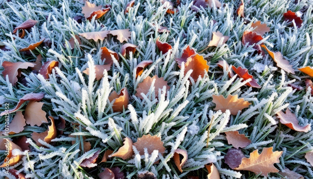 Delicate frost blankets green grass interspersed with vibrant autumn leaves in various hues, creating a serene and picturesque landscape at sunrise Delicate frost blankets green grass interspersed with vibrant autumn leaves in various hues, creating a serene and picturesque landscape at sunrise