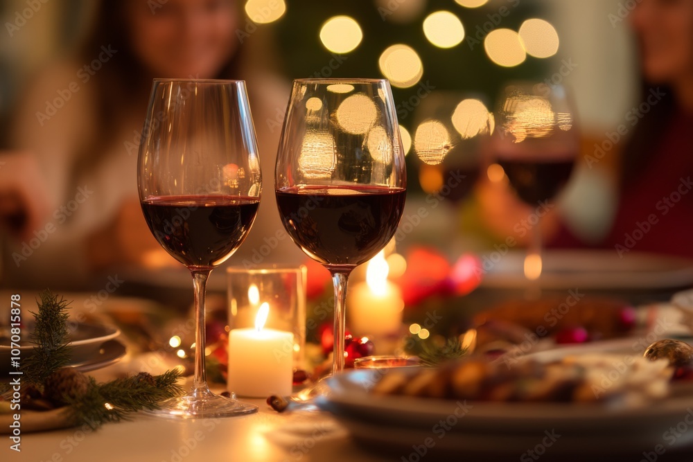 Christmas Holiday Dining. Festive table setting with exquisite wine and romantic candlelight at holiday gatherings. Cutlery set with intricate designs. Seasonal holiday dining background. Family Meal Christmas Holiday Dining. Festive table setting with exquisite wine and romantic candlelight at holiday gatherings. Cutlery set with intricate designs. Seasonal holiday dining background. Family Meal