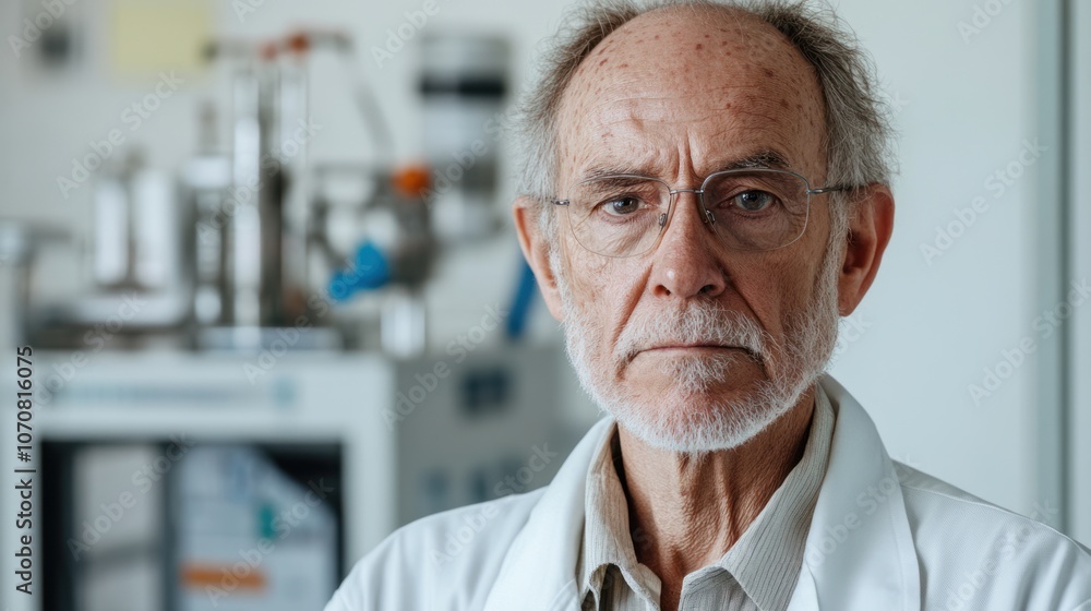 Senior scientist half-body portrait, with a thoughtful look, standing in front of lab equipment on a white background. Senior scientist half-body portrait, with a thoughtful look, standing in front of lab equipment on a white background.