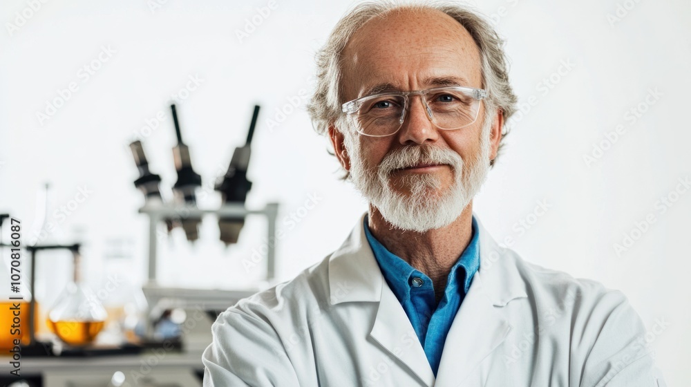 Senior scientist half-body portrait, with a thoughtful look, standing in front of lab equipment on a white background. Senior scientist half-body portrait, with a thoughtful look, standing in front of lab equipment on a white background.