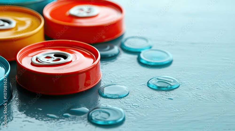 Bright plastic caps and shiny tin cans on a clean surface, emphasizing the role of recycling in environmental conservation. Bright plastic caps and shiny tin cans on a clean surface, emphasizing the role of recycling in environmental conservation.