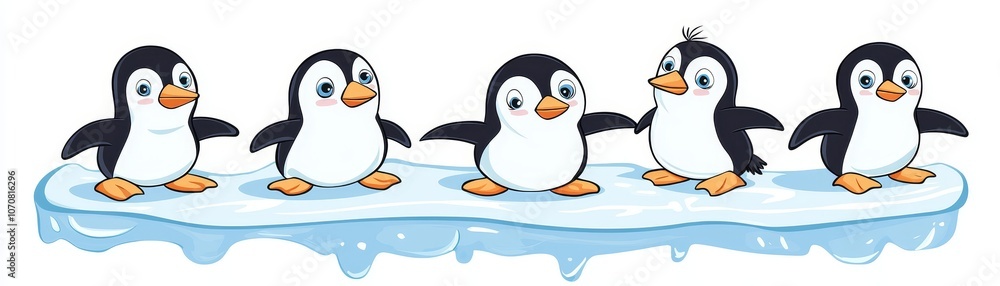 Obraz premium Five playful penguins slide on ice showcasing their charming personalities and winter fun