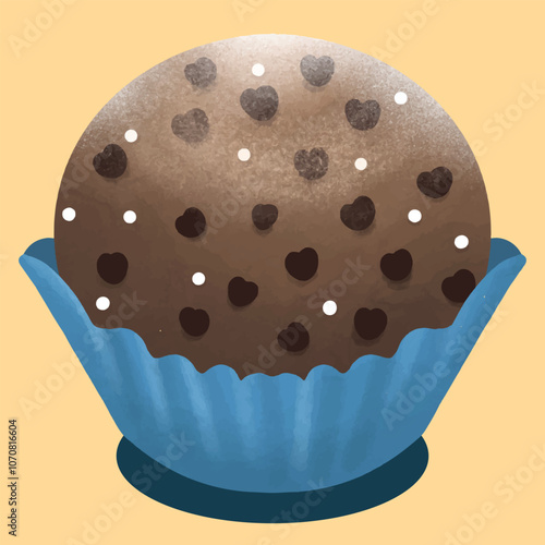 cute vector illustration of a round white chocolate cake with small chocolate hearts sprinkled on top wrapped in blue paper photo