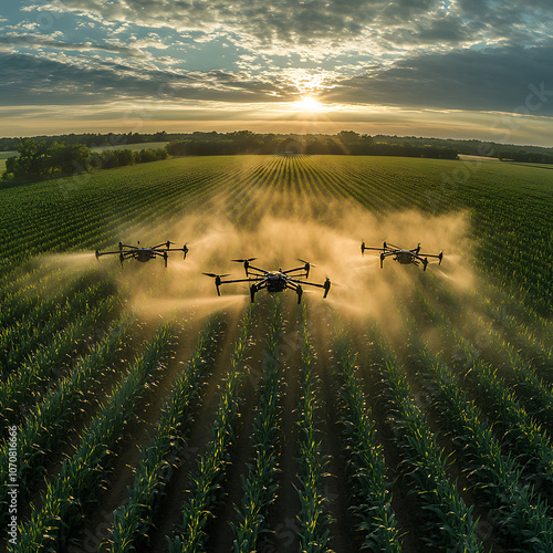 Aerial view of drones spraying water on green cornfield at sunset, showcasing modern agricultural technology in action photo