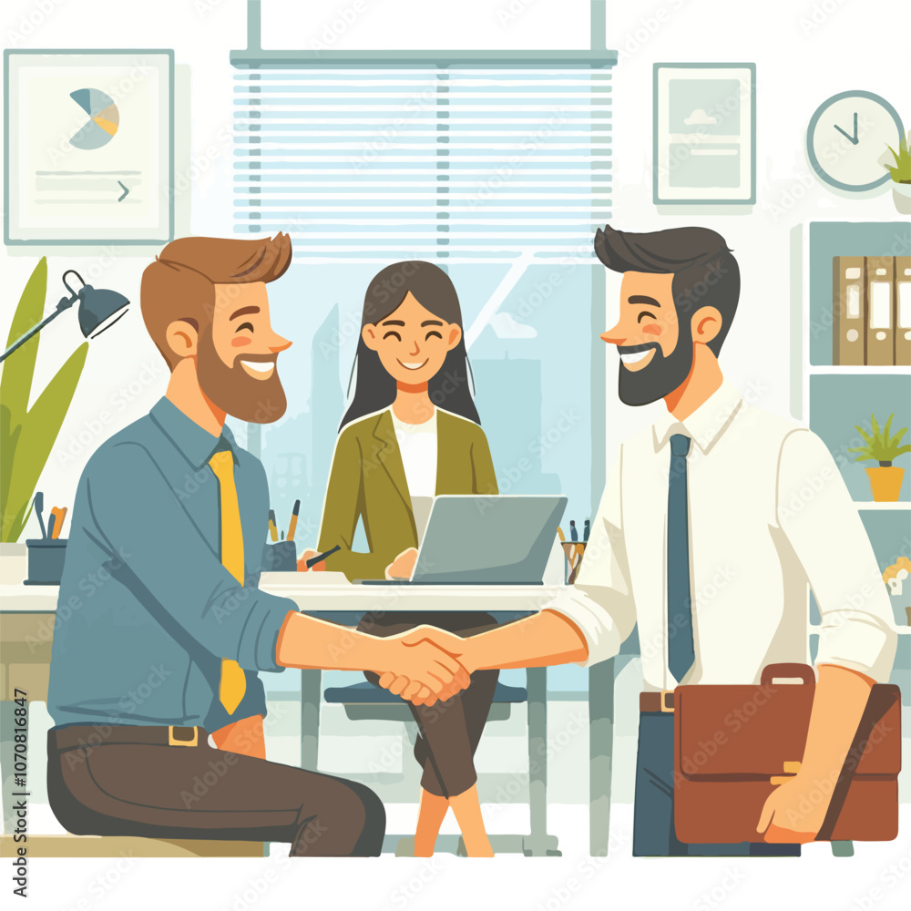 People shaking hands at work - Two businesspeople, man and woman doing handshake in office at work while smiling over business agreement and deal. Flat design stock illustration on white background People shaking hands at work - Two businesspeople, man and woman doing handshake in office at work while smiling over business agreement and deal. Flat design stock illustration on white background