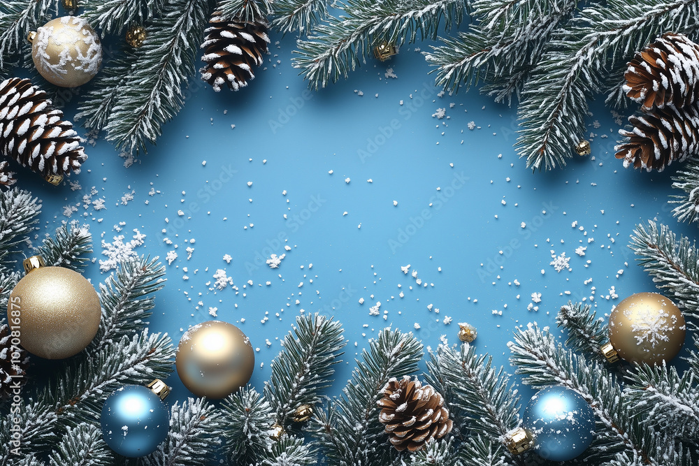 Bright sky blue background with pine branches and tiny snowflakes along the sides, with gold ornaments at the bottom. Bright sky blue background with pine branches and tiny snowflakes along the sides, with gold ornaments at the bottom.
