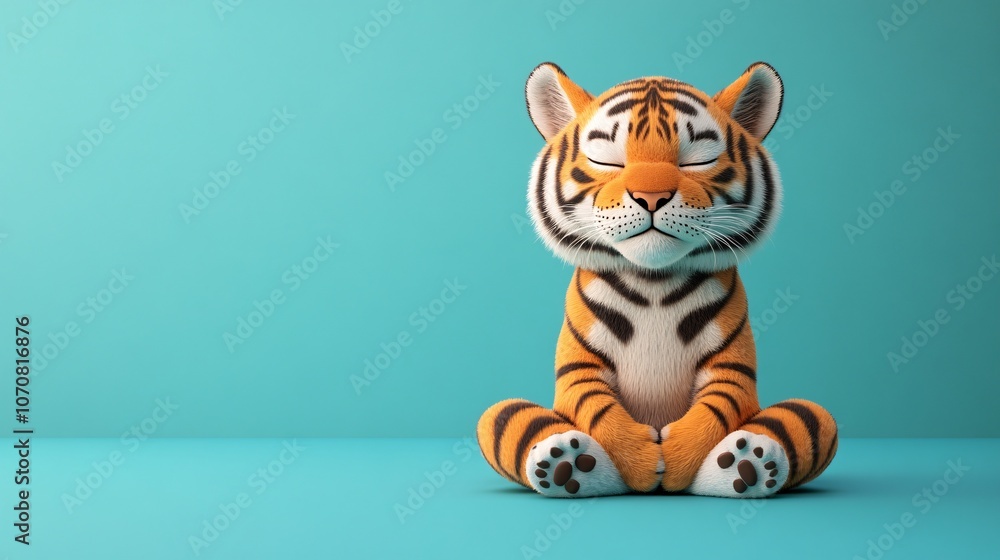 A cute, cartoonish plush tiger sits calmly against a turquoise background, showcasing its vibrant orange and black stripes and friendly expression. A cute, cartoonish plush tiger sits calmly against a turquoise background, showcasing its vibrant orange and black stripes and friendly expression.