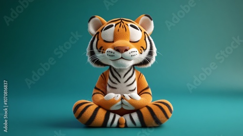 A playful, cartoon tiger figurine meditates calmly in a serene setting, embodying tranquility and peace.
