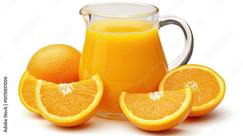 Clear jug of fresh orange juice on a white background with juicy orange slices, giving a delicious and summery look. Clear jug of fresh orange juice on a white background with juicy orange slices, giving a delicious and summery look.