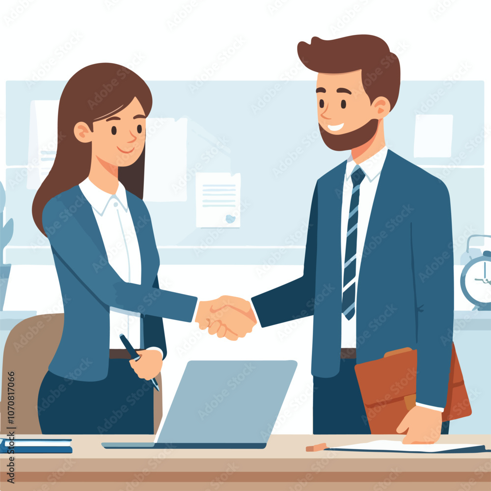 People shaking hands at work - Two businesspeople, man and woman doing handshake in office at work while smiling over business agreement and deal. Flat design stock illustration on white background People shaking hands at work - Two businesspeople, man and woman doing handshake in office at work while smiling over business agreement and deal. Flat design stock illustration on white background