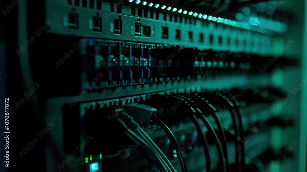 Close-up of an ethernet cable plugged into a network switch, LED lights indicating active data flow, highlighting modern network infrastructure. Close-up of an ethernet cable plugged into a network switch, LED lights indicating active data flow, highlighting modern network infrastructure.