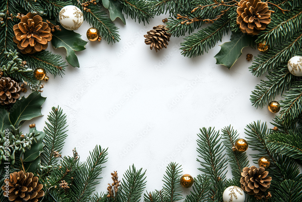 Classic white background with green pine branches and small bells forming a border, with mini ornaments on each corner. Classic white background with green pine branches and small bells forming a border, with mini ornaments on each corner.