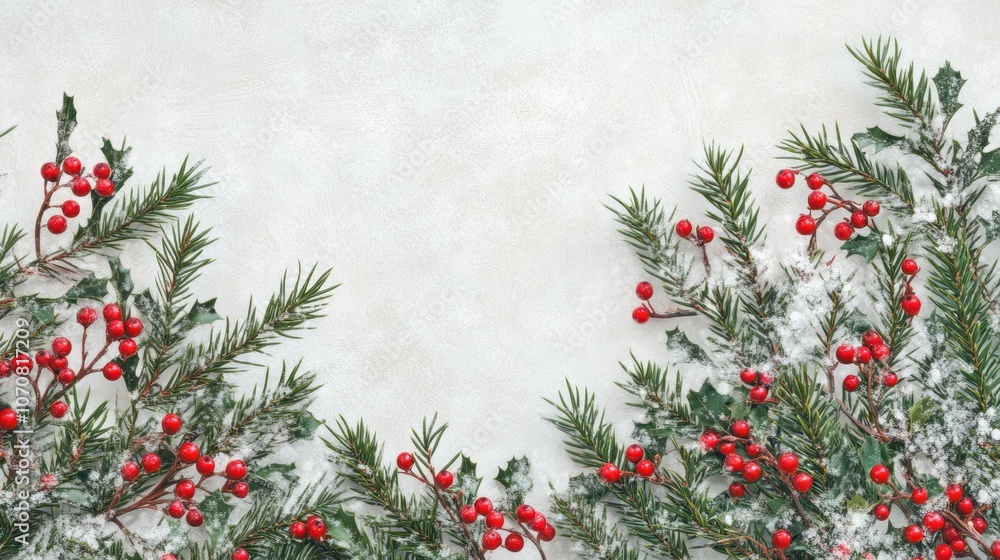 Snowy fir branch border with red berries, flat lay style for a clean white Christmas background. Snowy fir branch border with red berries, flat lay style for a clean white Christmas background.