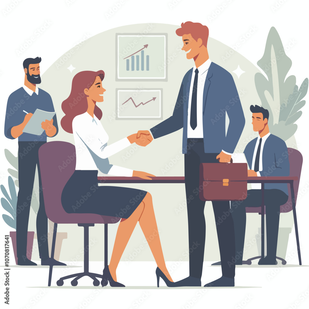 Fototapeta premium People shaking hands at work - Two businesspeople, man and woman doing handshake in office at work while smiling over business agreement and deal. Flat design stock illustration on white background