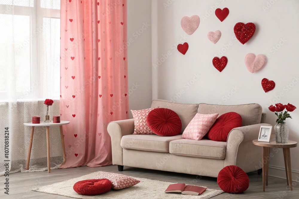 custom made wallpaper toronto digitalLiving room interior, Valentine's Day decor, pink and red color scheme, heart-shaped wall decorations, plush cozy sofa, romantic atmosphere, soft curtains, round side table, throw pillows, area rug, m