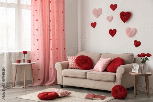 Wallpaper Mural Living room interior, Valentine's Day decor, pink and red color scheme, heart-shaped wall decorations, plush cozy sofa, romantic atmosphere, soft curtains, round side table, throw pillows, area rug, m Torontodigital.ca