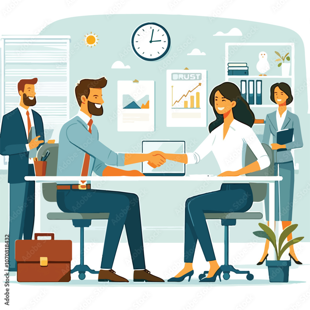 People shaking hands at work - Two businesspeople, man and woman doing handshake in office at work while smiling over business agreement and deal. Flat design stock illustration on white background People shaking hands at work - Two businesspeople, man and woman doing handshake in office at work while smiling over business agreement and deal. Flat design stock illustration on white background