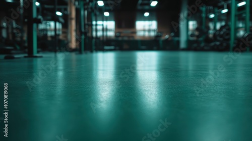 A gym with a teal-toned floor creates an atmospheric environment perfect for fitness and focus, featuring state-of-the-art equipment in a serene and calm setting.