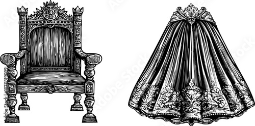 Royal Throne and Mantle Vector Set with Antique Armchair and King’s Robe. Vintage Engraving Style.