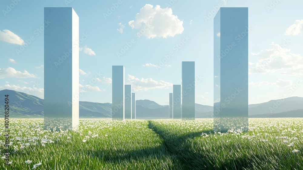 Fototapeta premium Explore the serene landscape of abstract monoliths amidst flourishing fields and majestic mountains