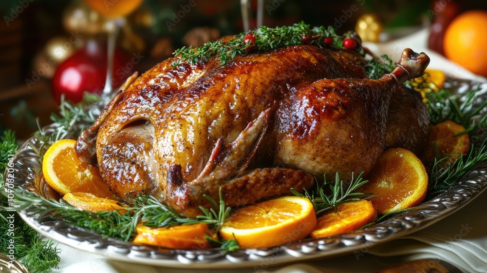 Crispy roasted duck with caramelized skin, plated with garnishes of green herbs, orange slices, and roasted vegetables, in a fine dining setup. Crispy roasted duck with caramelized skin, plated with garnishes of green herbs, orange slices, and roasted vegetables, in a fine dining setup.
