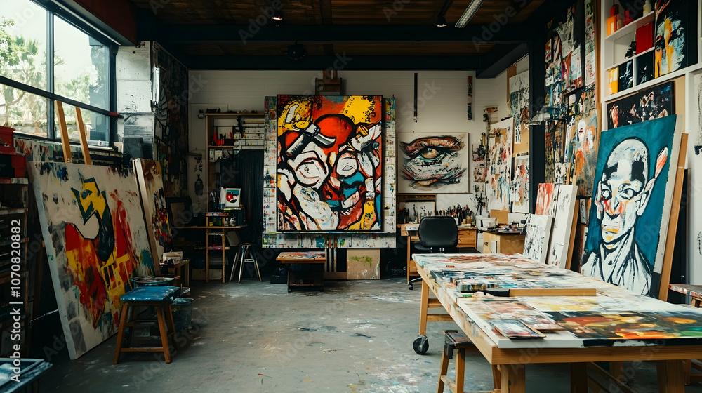 Obraz premium A messy art studio with colorful paintings on canvases, an easel, and a table full of art supplies.