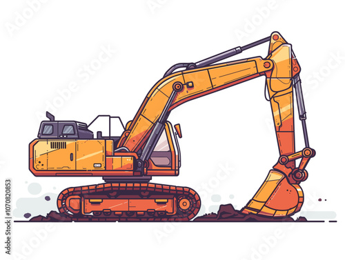 Large orange excavator is digging into the ground. The machine is large and powerful, and it is clear that it is being used for heavy-duty work. Concept of strength and determination