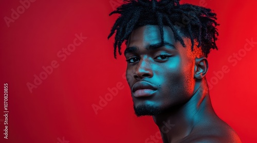 A striking portrait of a young man with a bold red background and dramatic blue lighting emphasizing facial features and mood, capturing intensity and expression.