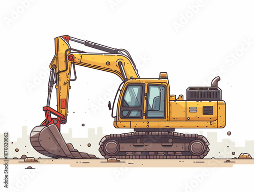 Yellow construction vehicle is digging into the ground. The vehicle is large and has a lot of power. The scene is set in a construction site