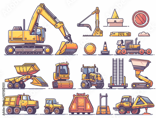 Collection of yellow construction vehicles, including a bulldozer, a crane, and a dump truck