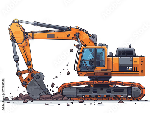 Large orange construction vehicle is digging into the ground. The machine is surrounded by a pile of rocks, and the dirt is scattered around it. Concept of hard work and determination