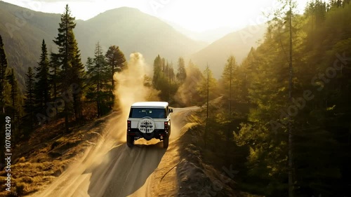 Wallpaper Mural White SUV car is driving on a mountain road during a sunset. Torontodigital.ca