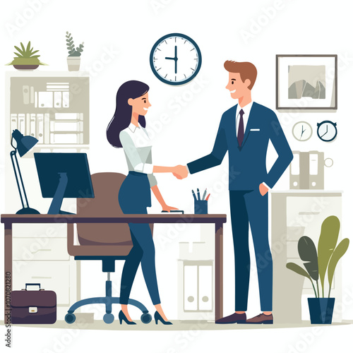 People shaking hands at work - Two businesspeople, man and woman doing handshake in office at work while smiling over business agreement and deal. Flat design stock illustration on white background